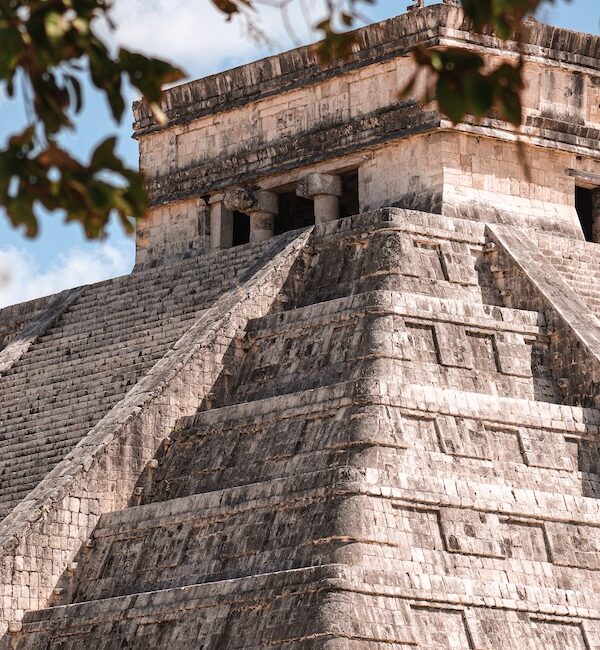 closeup of the Kukulkan Temple: the biggest pyramid of Chichen Itza